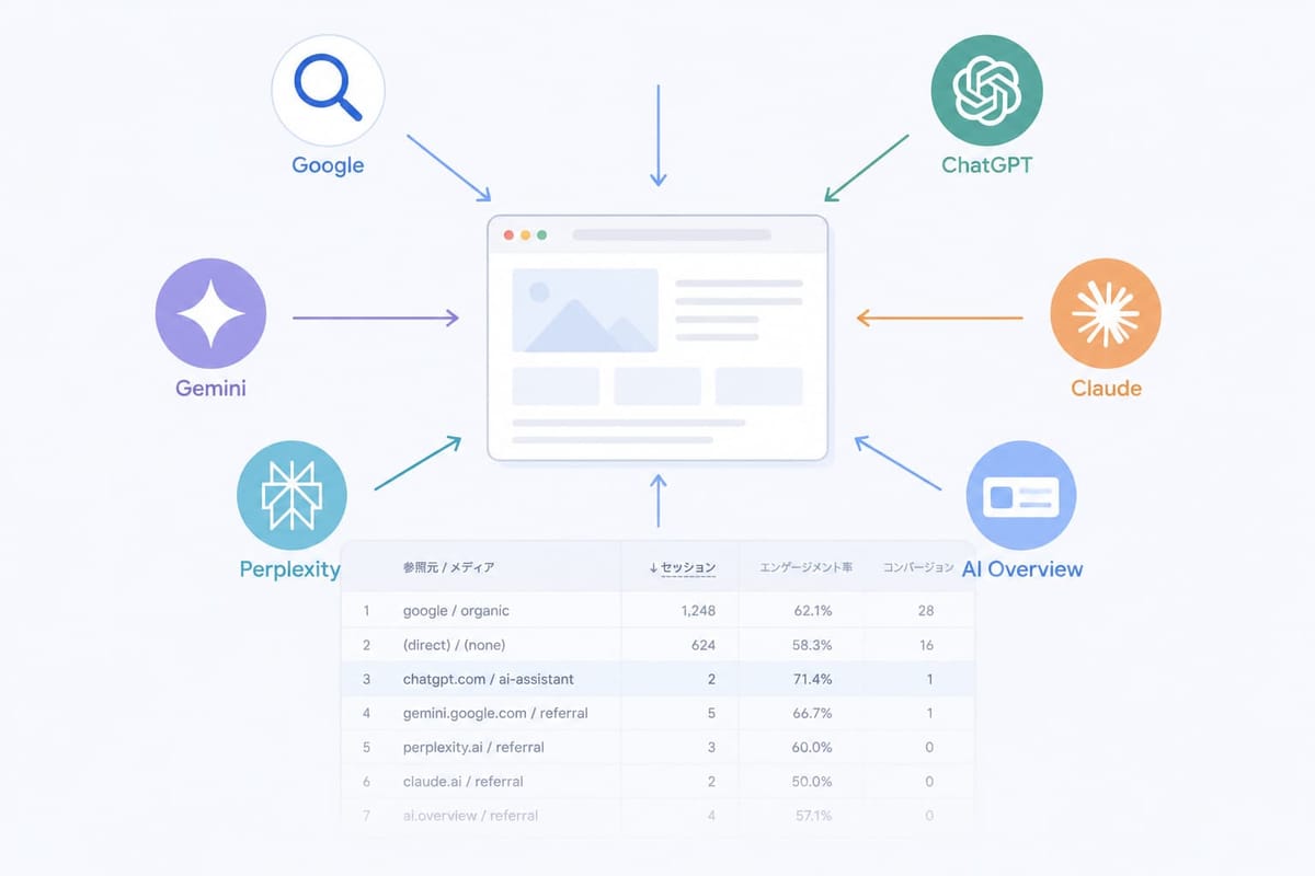 Google・ChatGPT・Gemini・Claude・Perplexity・AI Overviewからサイトへ流入する図と、参照元 / メディア別のセッション・エンゲージメント率・コンバージョンの表